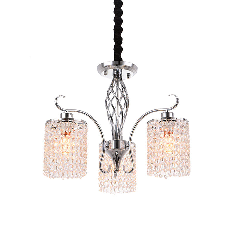 Chrome 3/5-Head Hanging Pendant Light Modern Crystal Strand Cylindrical Chandelier Lamp Clearhalo 'Ceiling Lights' 'Chandeliers' 'Modern Chandeliers' 'Modern' Lighting' 862781