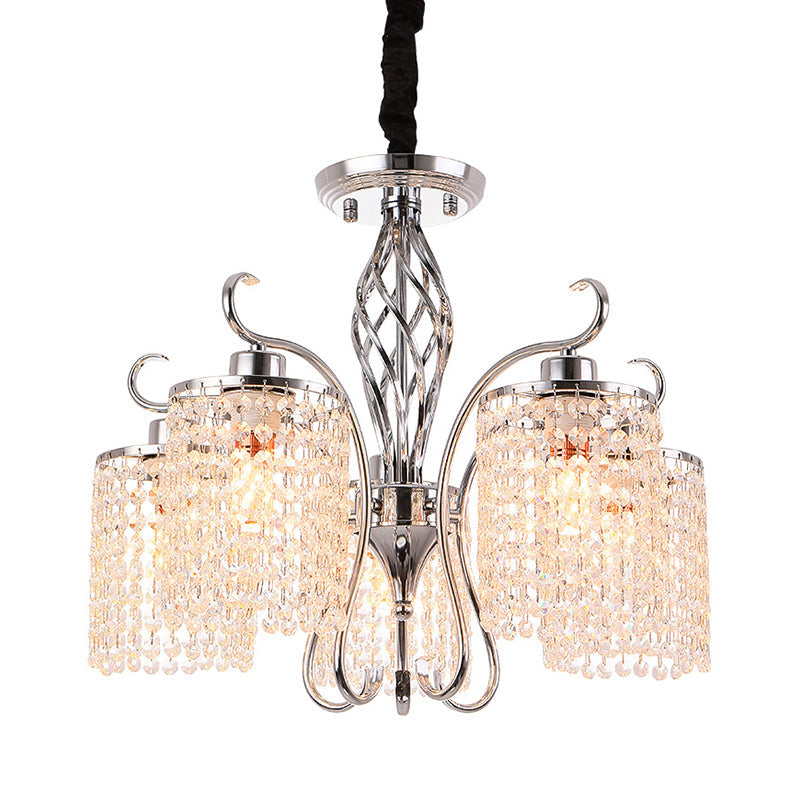 Chrome 3/5-Head Hanging Pendant Light Modern Crystal Strand Cylindrical Chandelier Lamp Clearhalo 'Ceiling Lights' 'Chandeliers' 'Modern Chandeliers' 'Modern' Lighting' 862787
