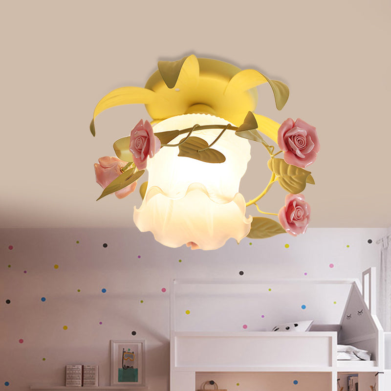 Single Flounce-Trim Semi Mount Lighting Korean Flower White/Green Frosted Glass Close to Ceiling Lamp Green Clearhalo 'Ceiling Lights' 'Close To Ceiling Lights' 'Close to ceiling' 'Glass shade' 'Glass' 'Semi-flushmount' Lighting' 863089