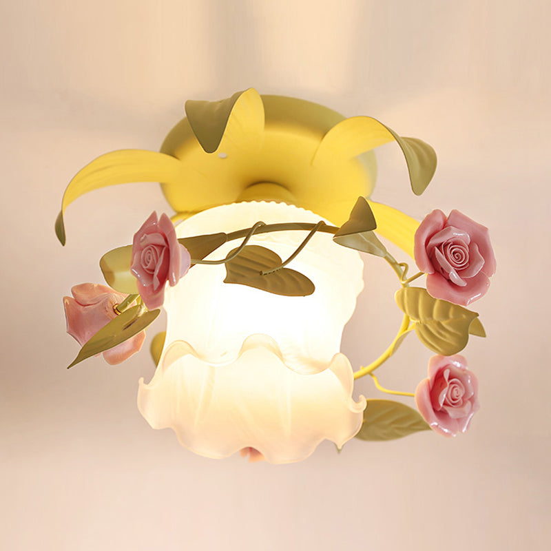 Single Flounce-Trim Semi Mount Lighting Korean Flower White/Green Frosted Glass Close to Ceiling Lamp Clearhalo 'Ceiling Lights' 'Close To Ceiling Lights' 'Close to ceiling' 'Glass shade' 'Glass' 'Semi-flushmount' Lighting' 863091