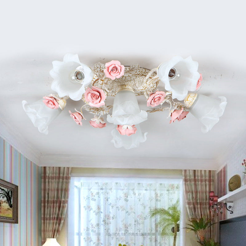 Pink 4/6 Heads Semi Flush Mount American Flower Milk Glass Morning Glory Ceiling Light Fixture 6 Pink Clearhalo 'Ceiling Lights' 'Close To Ceiling Lights' 'Close to ceiling' 'Glass shade' 'Glass' 'Semi-flushmount' Lighting' 863137