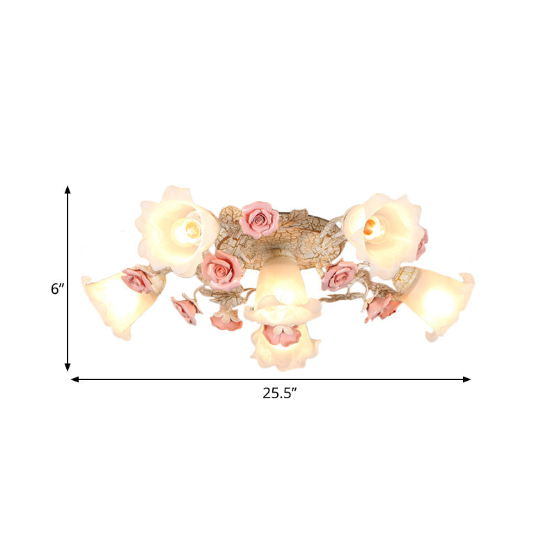 Pink 4/6 Heads Semi Flush Mount American Flower Milk Glass Morning Glory Ceiling Light Fixture Clearhalo 'Ceiling Lights' 'Close To Ceiling Lights' 'Close to ceiling' 'Glass shade' 'Glass' 'Semi-flushmount' Lighting' 863140