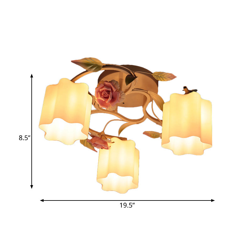 3/5-Head Floral Ceiling Flush Romantic Pastoral White/Yellow Frosted Glass Semi Flush Mount Chandelier Clearhalo 'Ceiling Lights' 'Close To Ceiling Lights' 'Close to ceiling' 'Glass shade' 'Glass' 'Semi-flushmount' Lighting' 863199