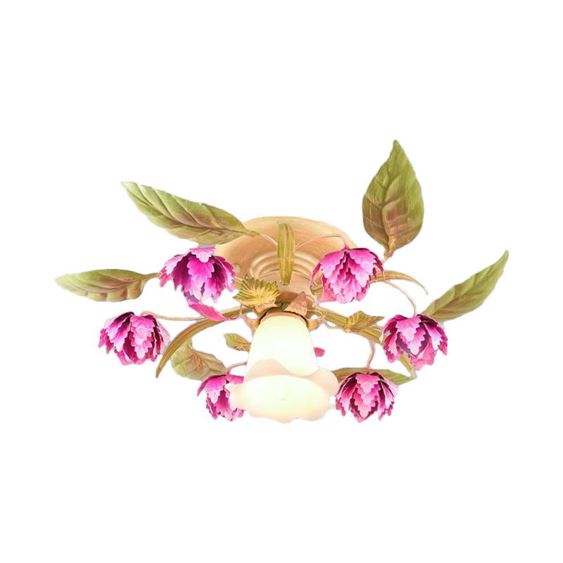 Rose Red 1/4-Bulb Ceiling Mount Light Korean Garden Frosted Glass Flowering Semi Flush Light Fixture for Corridor Clearhalo 'Ceiling Lights' 'Close To Ceiling Lights' 'Close to ceiling' 'Glass shade' 'Glass' 'Semi-flushmount' Lighting' 863220