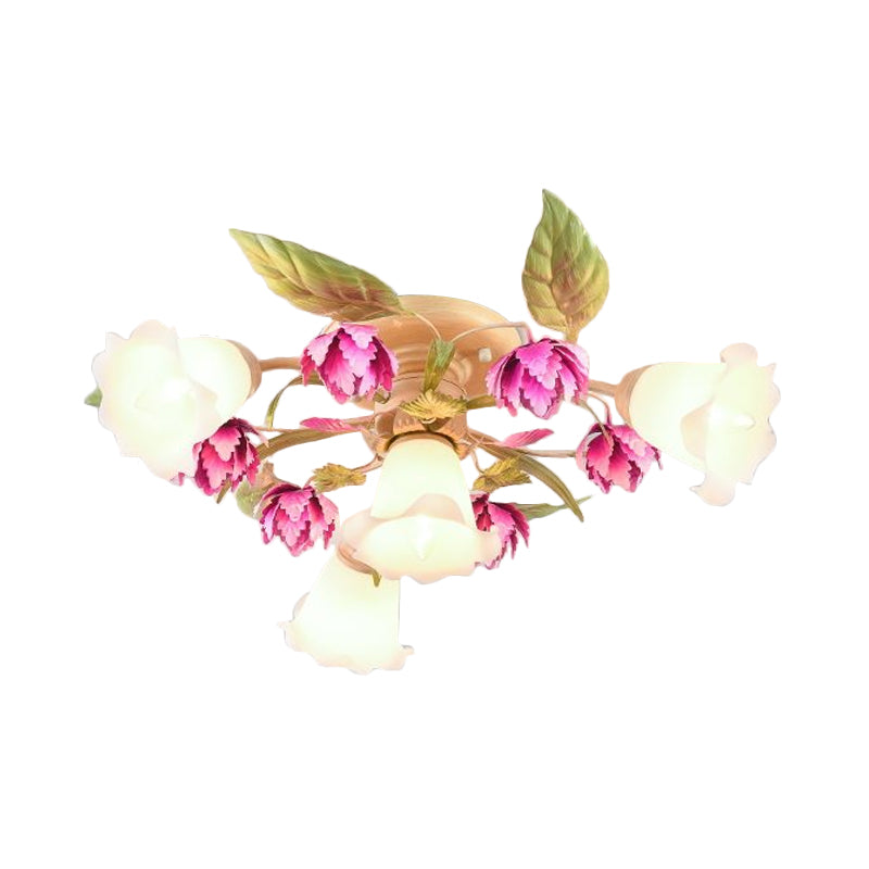 Rose Red 1/4-Bulb Ceiling Mount Light Korean Garden Frosted Glass Flowering Semi Flush Light Fixture for Corridor Clearhalo 'Ceiling Lights' 'Close To Ceiling Lights' 'Close to ceiling' 'Glass shade' 'Glass' 'Semi-flushmount' Lighting' 863225