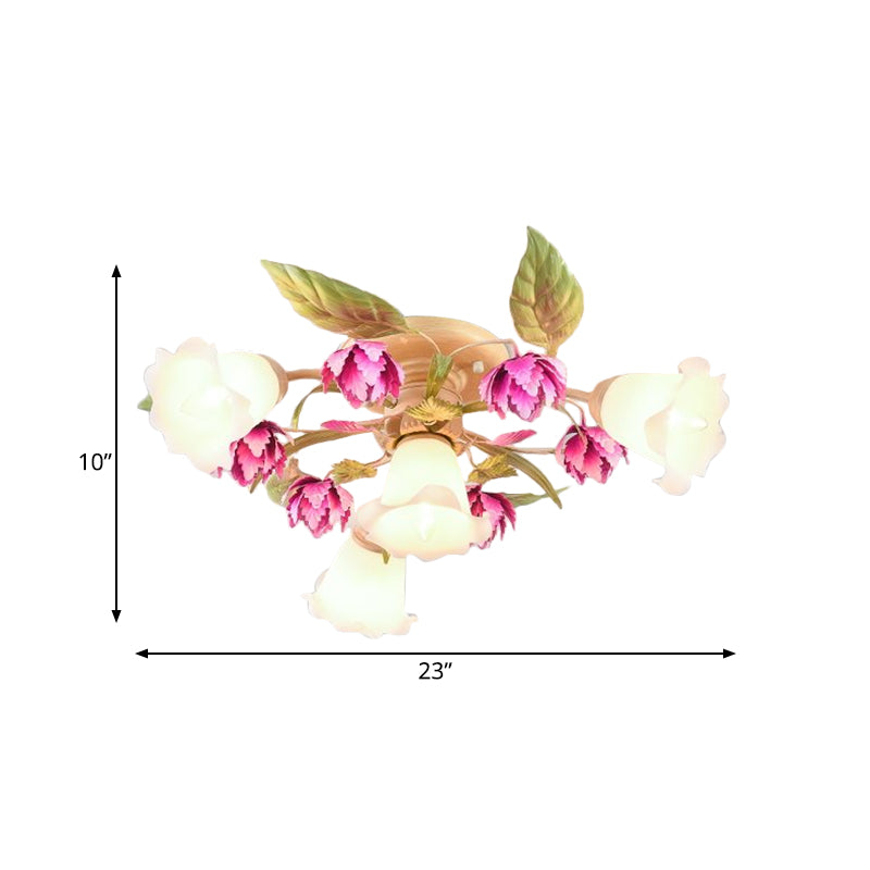 Rose Red 1/4-Bulb Ceiling Mount Light Korean Garden Frosted Glass Flowering Semi Flush Light Fixture for Corridor Clearhalo 'Ceiling Lights' 'Close To Ceiling Lights' 'Close to ceiling' 'Glass shade' 'Glass' 'Semi-flushmount' Lighting' 863227