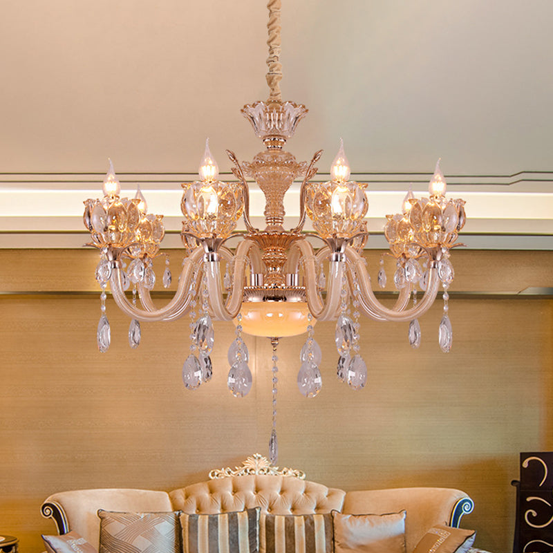 Gold Candle Chandelier Lamp Modern Amber Glass 6/8 Bulbs Living Room Pendant with Crystal Drop 8 Gold Clearhalo 'Ceiling Lights' 'Chandeliers' 'Modern Chandeliers' 'Modern' Lighting' 863359