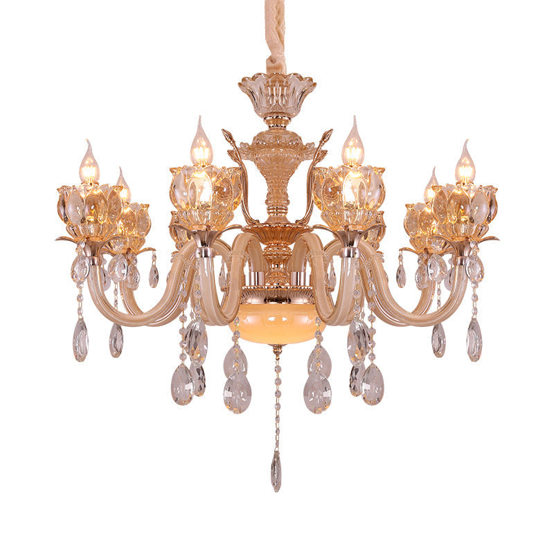 Gold Candle Chandelier Lamp Modern Amber Glass 6/8 Bulbs Living Room Pendant with Crystal Drop Clearhalo 'Ceiling Lights' 'Chandeliers' 'Modern Chandeliers' 'Modern' Lighting' 863361