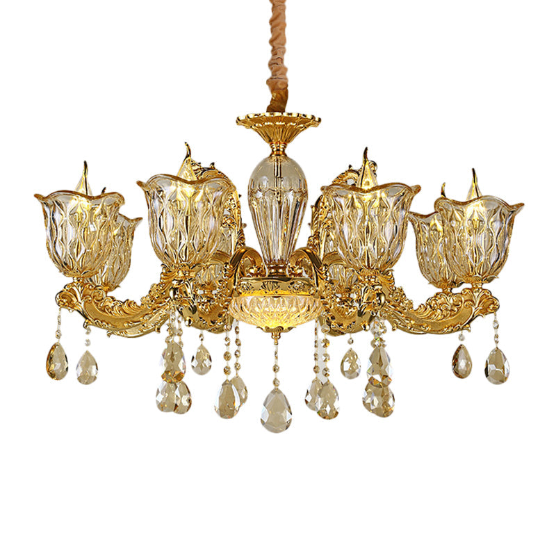 Champagne 6/8 Heads Chandelier Modernism Amber Crystal Flower Hanging Light Fixture with Carved Arm Clearhalo 'Ceiling Lights' 'Chandeliers' Lighting' options 863409