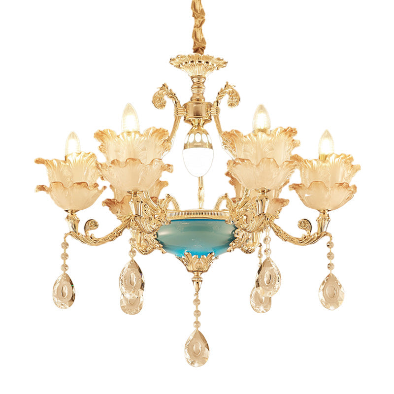 Gold Floral Chandelier Lighting Mid Century Frosted Glass 6/8 Heads Bedroom Pendant with Crystal Drop Clearhalo 'Ceiling Lights' 'Chandeliers' Lighting' options 863422