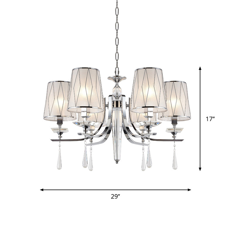 Fabric Chrome Hanging Chandelier Cone 6 Lights Contemporary Pendant Light with Crystal Draping Clearhalo 'Ceiling Lights' 'Chandeliers' 'Modern Chandeliers' 'Modern' Lighting' 863445