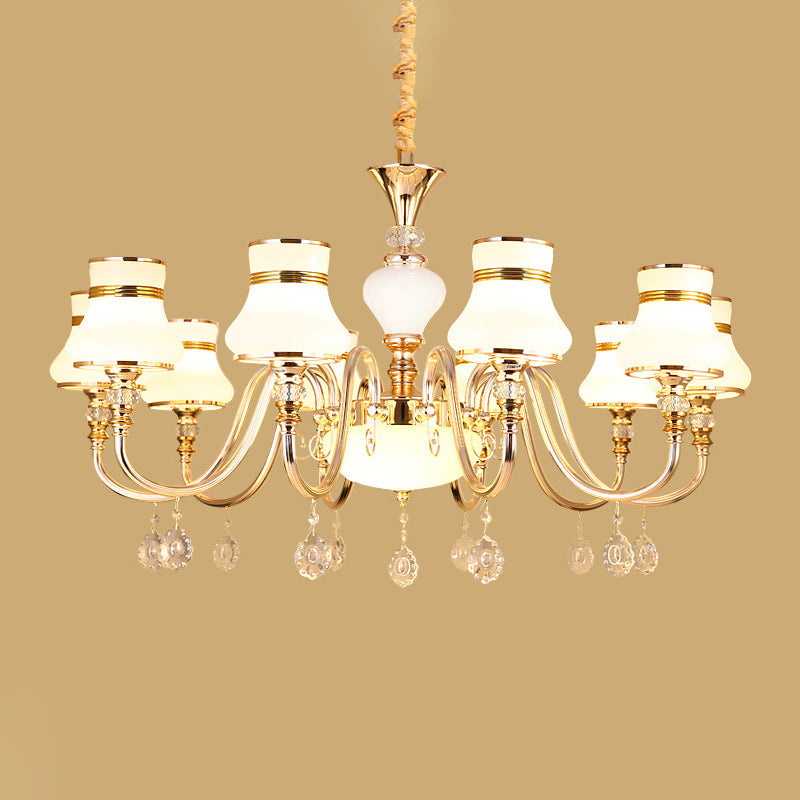 10-Light Flared Ceiling Chandelier Modern Gold Frosted Glass Pendant Lamp with Crystal Draping Clearhalo 'Ceiling Lights' 'Chandeliers' 'Modern Chandeliers' 'Modern' Lighting' 863452