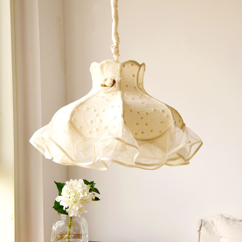 Princess Dress Fabric Hanging Light Kid 1 Head White/Pink Ceiling Pendant with Lace Flounce-Trim White Clearhalo 'Ceiling Lights' 'Pendant Lights' 'Pendants' Lighting' 863611_ba53b0d3-81d1-43ed-bf27-cc2b95a456c2