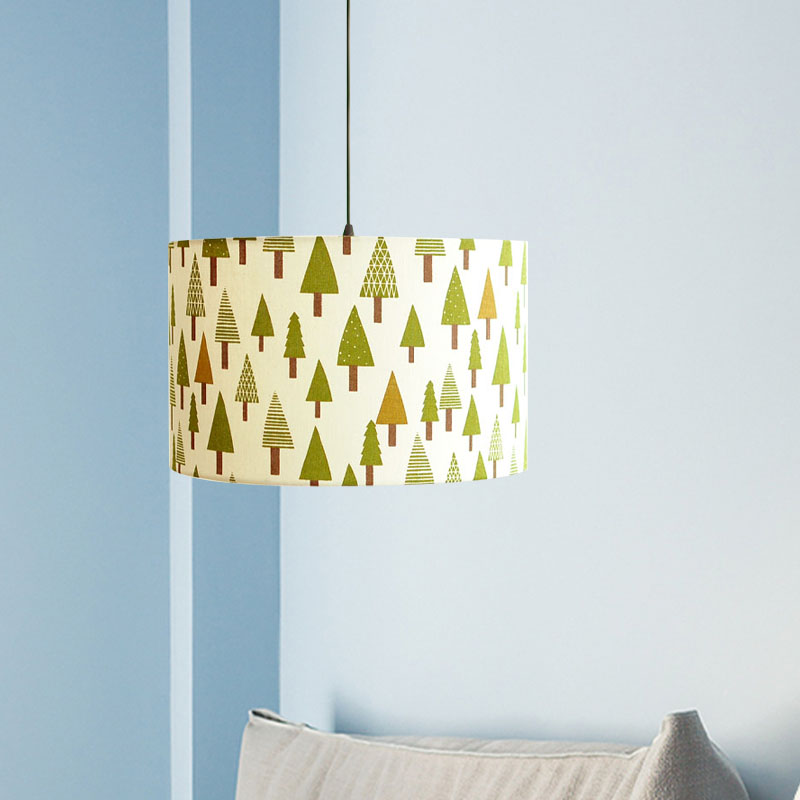 Print Fabric Drum Pendant Light Fixture Nordic 1-Light White Suspension Lighting with Feather/Bird/Tree Pattern White Tree Clearhalo 'Ceiling Lights' 'Pendant Lights' 'Pendants' Lighting' 863616_0ffe586e-ad5a-4092-8d6d-8b2b87e6011e