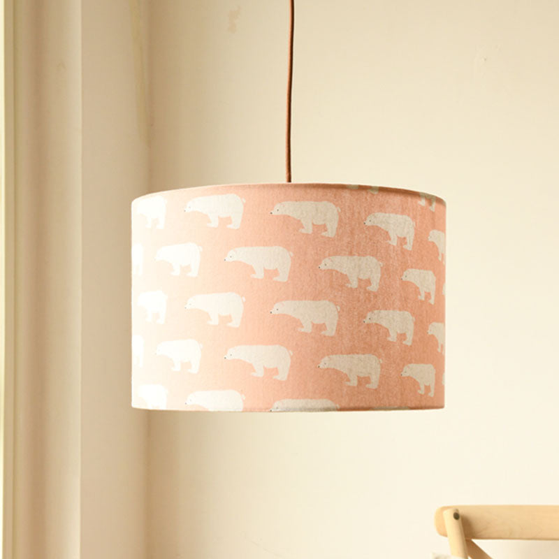 Print Fabric Drum Pendant Light Fixture Nordic 1-Light White Suspension Lighting with Feather/Bird/Tree Pattern Clearhalo 'Ceiling Lights' 'Pendant Lights' 'Pendants' Lighting' 863620