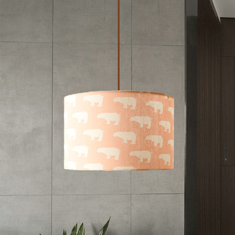 Print Fabric Drum Pendant Light Fixture Nordic 1-Light White Suspension Lighting with Feather/Bird/Tree Pattern Clearhalo 'Ceiling Lights' 'Pendant Lights' 'Pendants' Lighting' 863621