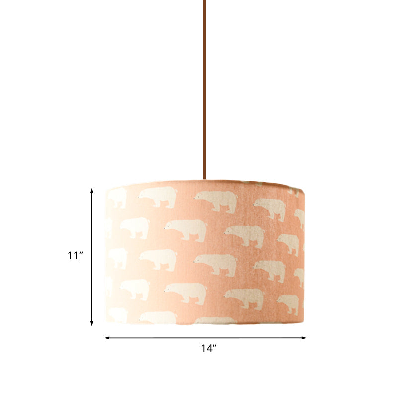 Print Fabric Drum Pendant Light Fixture Nordic 1-Light White Suspension Lighting with Feather/Bird/Tree Pattern Clearhalo 'Ceiling Lights' 'Pendant Lights' 'Pendants' Lighting' 863624