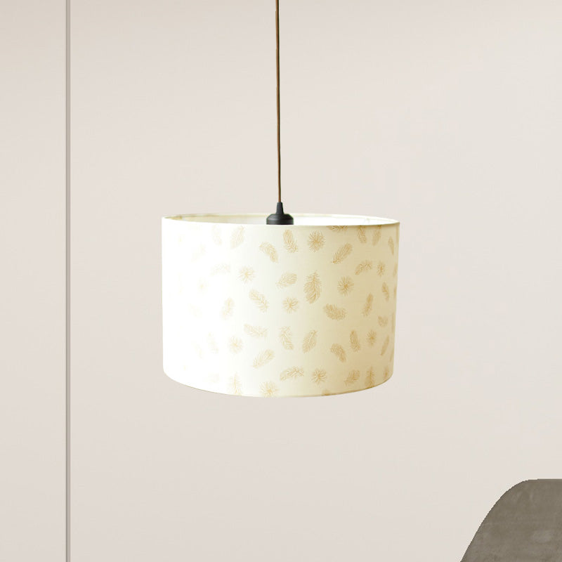Print Fabric Drum Pendant Light Fixture Nordic 1-Light White Suspension Lighting with Feather/Bird/Tree Pattern White Feather Clearhalo 'Ceiling Lights' 'Pendant Lights' 'Pendants' Lighting' 863625_ef9b3a5d-7edc-4762-97ae-2a1b9014491b