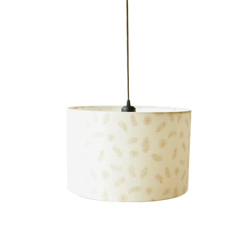 Print Fabric Drum Pendant Light Fixture Nordic 1-Light White Suspension Lighting with Feather/Bird/Tree Pattern Clearhalo 'Ceiling Lights' 'Pendant Lights' 'Pendants' Lighting' 863628