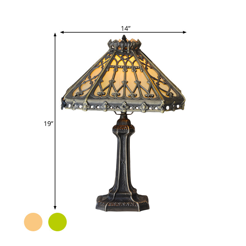 Bronze Pyramid Nightstand Light Mission Style Single Green/Beige Glass Table Lamp for Living Room Clearhalo 'Lamps' 'Table Lamps' Lighting' 863837
