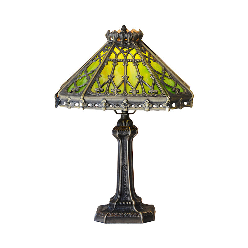 Bronze Pyramid Nightstand Light Mission Style Single Green/Beige Glass Table Lamp for Living Room Clearhalo 'Lamps' 'Table Lamps' Lighting' 863841