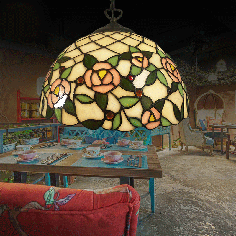 1 Bulb Bedroom Hanging Lamp Tiffany-Style Beige Ceiling Pendant Light with Hemisphere Stained Glass Shade Clearhalo 'Ceiling Lights' 'Close To Ceiling Lights' 'Industrial' 'Middle Century Pendants' 'Pendant Lights' 'Pendants' 'Tiffany close to ceiling' 'Tiffany Pendants' 'Tiffany' Lighting' 8701517448_2025243841