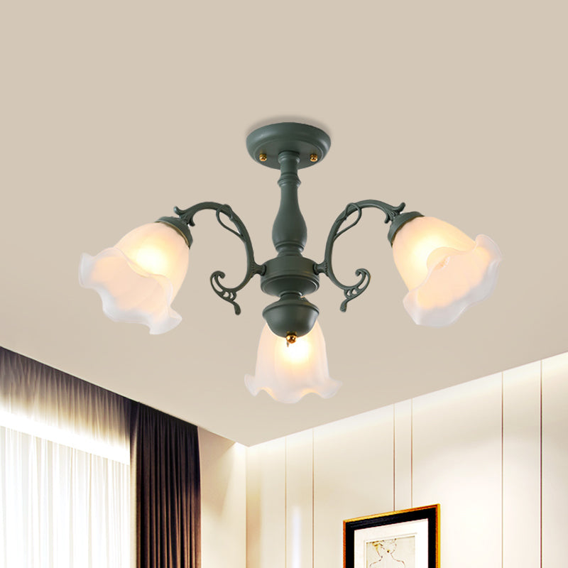 3/5 Bulbs Ruffled Adjustable Semi Flush American Flower Grey/Blue/Green Matte Glass Ceiling Mount Chandelier 3 Green Clearhalo 'Ceiling Lights' 'Close To Ceiling Lights' 'Close to ceiling' 'Glass shade' 'Glass' 'Semi-flushmount' Lighting' 874540