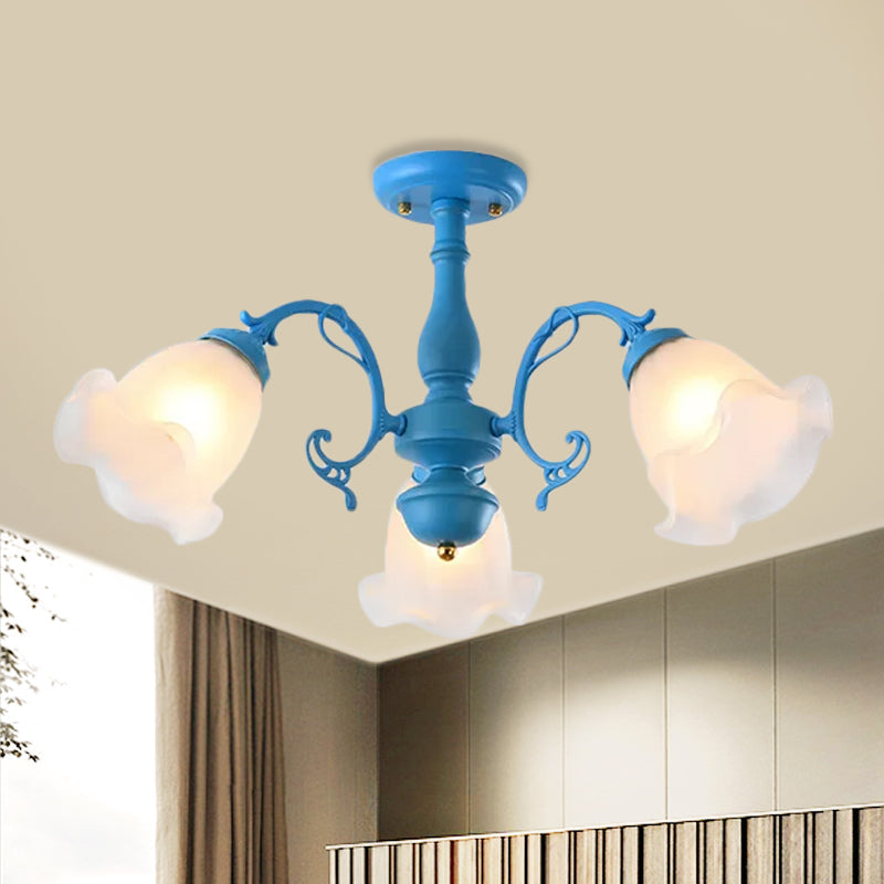 3/5 Bulbs Ruffled Adjustable Semi Flush American Flower Grey/Blue/Green Matte Glass Ceiling Mount Chandelier 3 Blue Clearhalo 'Ceiling Lights' 'Close To Ceiling Lights' 'Close to ceiling' 'Glass shade' 'Glass' 'Semi-flushmount' Lighting' 874544