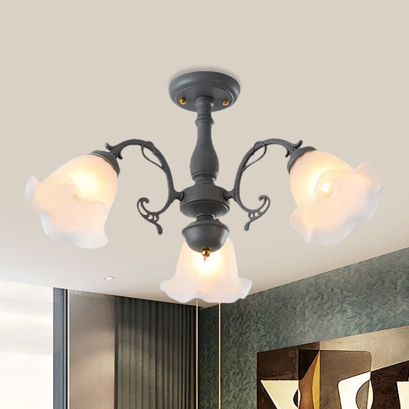 3/5 Bulbs Ruffled Adjustable Semi Flush American Flower Grey/Blue/Green Matte Glass Ceiling Mount Chandelier 3 Grey Clearhalo 'Ceiling Lights' 'Close To Ceiling Lights' 'Close to ceiling' 'Glass shade' 'Glass' 'Semi-flushmount' Lighting' 874548