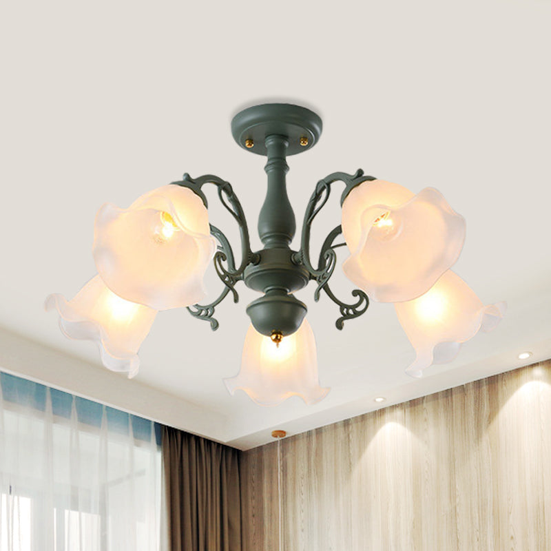 3/5 Bulbs Ruffled Adjustable Semi Flush American Flower Grey/Blue/Green Matte Glass Ceiling Mount Chandelier 5 Green Clearhalo 'Ceiling Lights' 'Close To Ceiling Lights' 'Close to ceiling' 'Glass shade' 'Glass' 'Semi-flushmount' Lighting' 874552