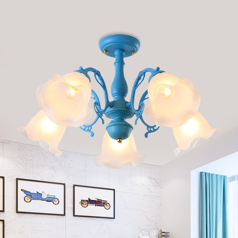 3/5 Bulbs Ruffled Adjustable Semi Flush American Flower Grey/Blue/Green Matte Glass Ceiling Mount Chandelier 5 Blue Clearhalo 'Ceiling Lights' 'Close To Ceiling Lights' 'Close to ceiling' 'Glass shade' 'Glass' 'Semi-flushmount' Lighting' 874557