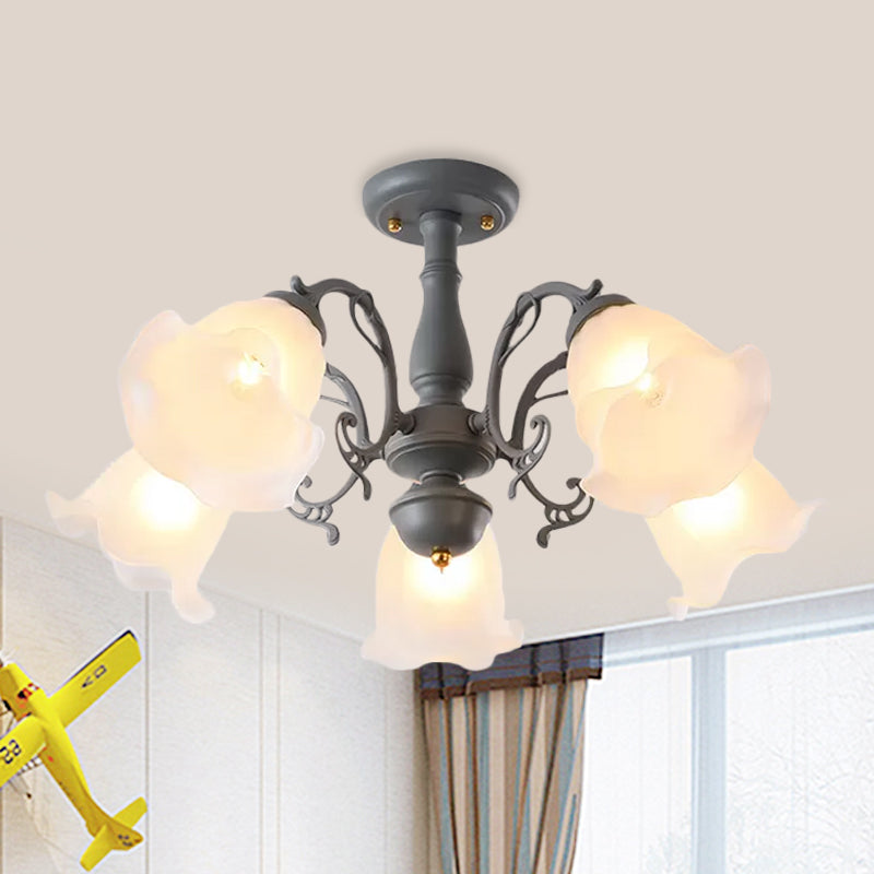3/5 Bulbs Ruffled Adjustable Semi Flush American Flower Grey/Blue/Green Matte Glass Ceiling Mount Chandelier 5 Grey Clearhalo 'Ceiling Lights' 'Close To Ceiling Lights' 'Close to ceiling' 'Glass shade' 'Glass' 'Semi-flushmount' Lighting' 874561