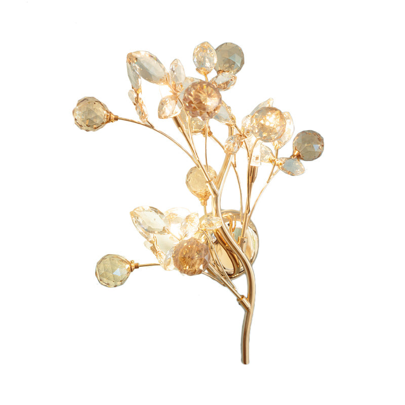 Beveled Crystal Gold Sconce Light Branch 3 Heads Modernism Wall Lighting Fixture Clearhalo 'Cast Iron' 'Glass' 'Industrial' 'Modern wall lights' 'Modern' 'Tiffany' 'Traditional wall lights' 'Wall Lamps & Sconces' 'Wall Lights' Lighting' 874852