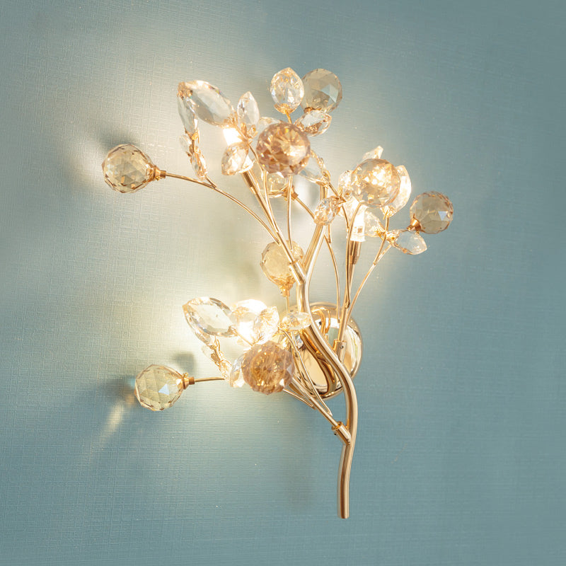 Beveled Crystal Gold Sconce Light Branch 3 Heads Modernism Wall Lighting Fixture Clearhalo 'Cast Iron' 'Glass' 'Industrial' 'Modern wall lights' 'Modern' 'Tiffany' 'Traditional wall lights' 'Wall Lamps & Sconces' 'Wall Lights' Lighting' 874853
