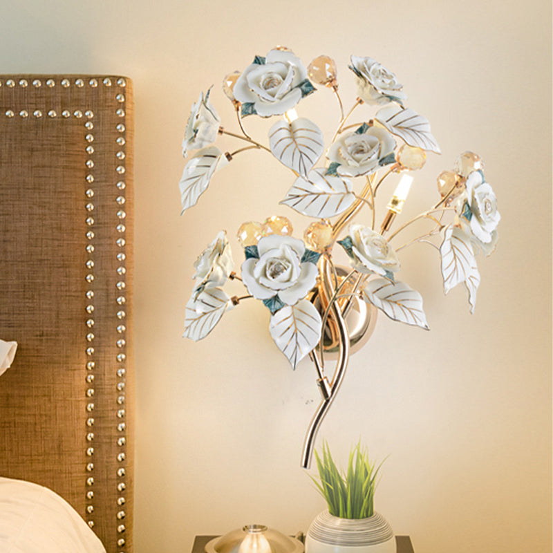 Faceted Crystal Flower Sconce Modernism 3 Bulbs Bedroom Wall Mounted Light Fixture in White/Red/Green White Clearhalo 'Modern wall lights' 'Modern' 'Wall Lamps & Sconces' 'Wall Lights' Lighting' 874859