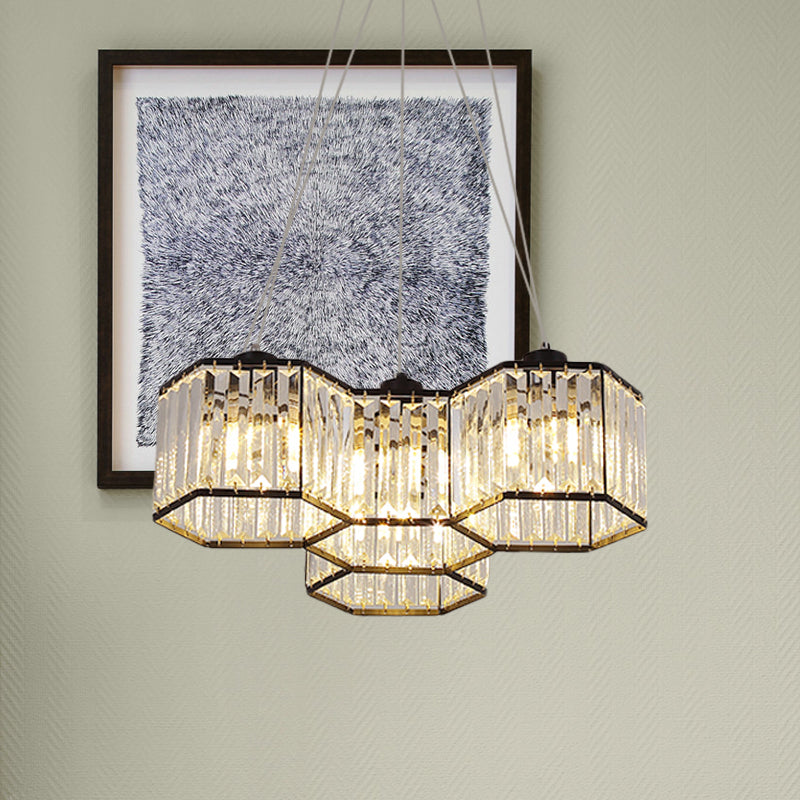 3/4 Heads Ceiling Chandelier Simple Hexagon Clear K9 Crystal Hanging Pendant Light in Black 4 Black Clearhalo 'Ceiling Lights' 'Chandeliers' 'Modern Chandeliers' 'Modern' Lighting' 874918