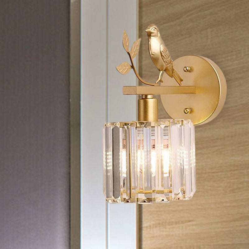 Black/Gold 1 Bulb Sconce Lamp Minimalism K9 Crystal Cylindrical Wall Lighting with Bird Decoration Clearhalo 'Cast Iron' 'Glass' 'Industrial' 'Modern wall lights' 'Modern' 'Tiffany' 'Traditional wall lights' 'Wall Lamps & Sconces' 'Wall Lights' Lighting' 875135