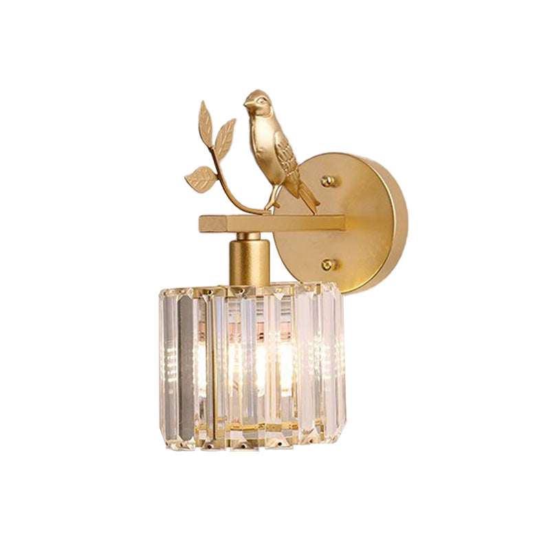 Black/Gold 1 Bulb Sconce Lamp Minimalism K9 Crystal Cylindrical Wall Lighting with Bird Decoration Clearhalo 'Cast Iron' 'Glass' 'Industrial' 'Modern wall lights' 'Modern' 'Tiffany' 'Traditional wall lights' 'Wall Lamps & Sconces' 'Wall Lights' Lighting' 875136