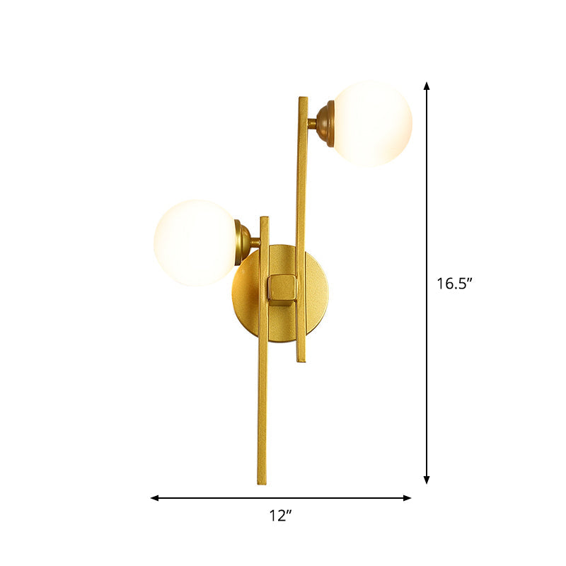 2 Lights Living Room Wall Lighting Post Modern Gold Wall Lamp with Sphere Opal Glass Shade Clearhalo 'Cast Iron' 'Glass' 'Industrial' 'Modern wall lights' 'Modern' 'Tiffany' 'Traditional wall lights' 'Wall Lamps & Sconces' 'Wall Lights' Lighting' 875303