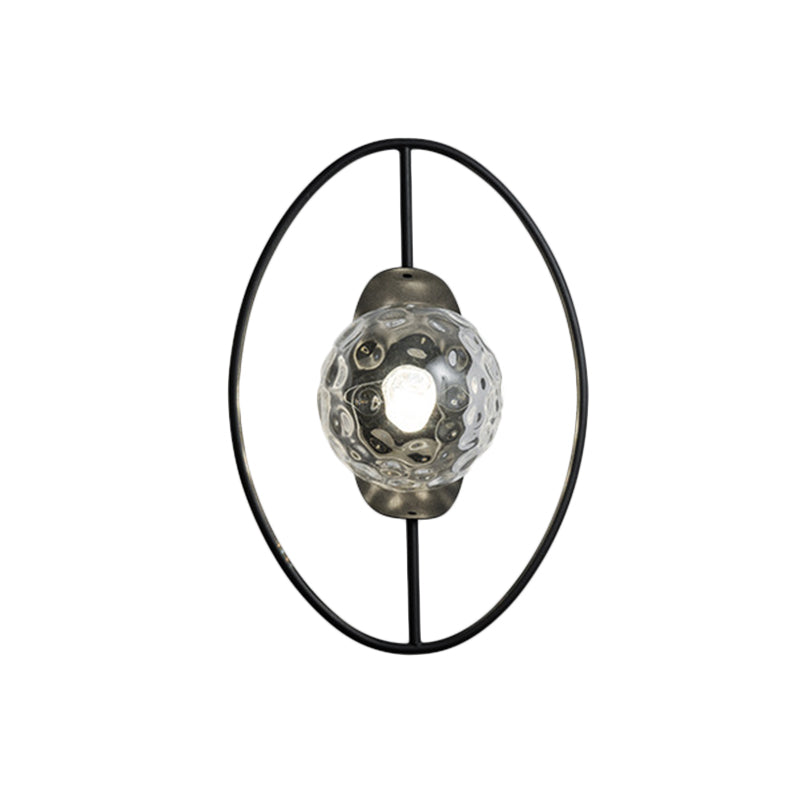 Clear Dimpled Glass Orb Sconce Lamp Modern 1-Bulb Black/Gold Wall Light Fixture with Ring Detail Clearhalo 'Cast Iron' 'Glass' 'Industrial' 'Modern wall lights' 'Modern' 'Tiffany' 'Traditional wall lights' 'Wall Lamps & Sconces' 'Wall Lights' Lighting' 875326