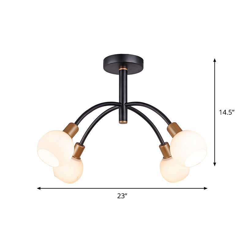 Modo Opal Glass Semi Flush Lighting Minimalism 4/6 Bulbs Black Flush Ceiling Lamp with Arced Arm Clearhalo 'Ceiling Lights' 'Close To Ceiling Lights' 'Close to ceiling' 'Glass shade' 'Glass' 'Island Lights' 'Pendant Lights' 'Semi-flushmount' Lighting' 875414