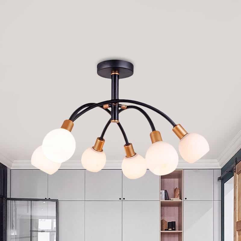Modo Opal Glass Semi Flush Lighting Minimalism 4/6 Bulbs Black Flush Ceiling Lamp with Arced Arm Clearhalo 'Ceiling Lights' 'Close To Ceiling Lights' 'Close to ceiling' 'Glass shade' 'Glass' 'Island Lights' 'Pendant Lights' 'Semi-flushmount' Lighting' 875416