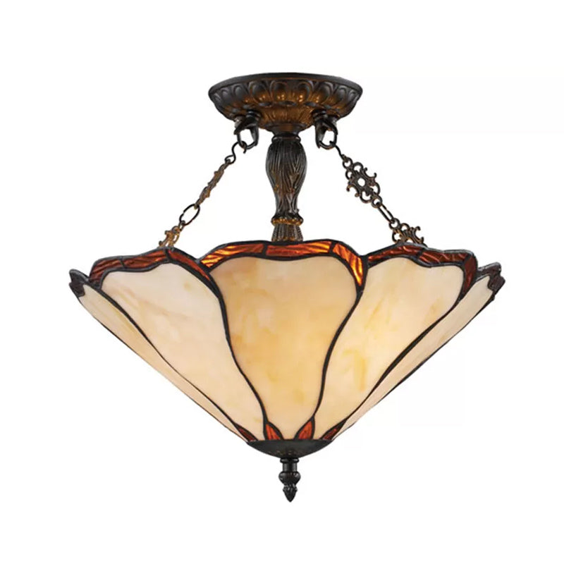 Stained Glass Ceiling Light with LED Light, 2-Lights Cone Semi Flush Mount Lighting Tiffany Style, 14" W Beige Clearhalo 'Ceiling Lights' 'Close To Ceiling Lights' 'Close to ceiling' 'Glass shade' 'Glass' 'Pendant Lights' 'Semi-flushmount' 'Tiffany close to ceiling' 'Tiffany' Lighting' 87667