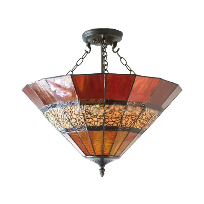 Bedroom Ceiling Lighting LED, 3 Lights Umbrella Semi Flush Light in Copper with Rod and Stained Glass Shade Tiffany Style, H8.5" x D18.5" Clearhalo 'Ceiling Lights' 'Close To Ceiling Lights' 'Close to ceiling' 'Glass shade' 'Glass' 'Pendant Lights' 'Semi-flushmount' 'Tiffany close to ceiling' 'Tiffany' Lighting' 87671