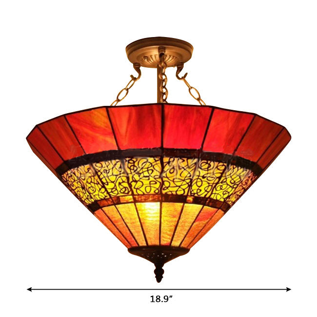 Bedroom Ceiling Lighting LED, 3 Lights Umbrella Semi Flush Light in Copper with Rod and Stained Glass Shade Tiffany Style, H8.5" x D18.5" Clearhalo 'Ceiling Lights' 'Close To Ceiling Lights' 'Close to ceiling' 'Glass shade' 'Glass' 'Pendant Lights' 'Semi-flushmount' 'Tiffany close to ceiling' 'Tiffany' Lighting' 87672