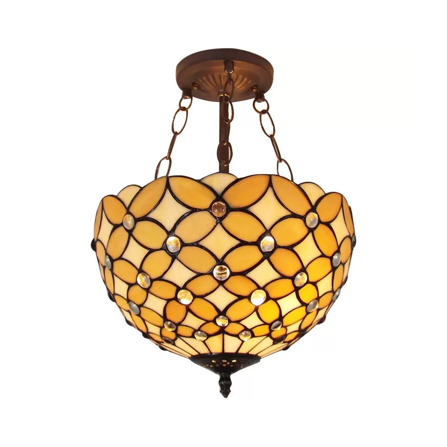 Old Bronze Ceiling Light with Chain and Rod, 3-Lights Inverted Semi Flush Mount Lighting for Bedroom Tiffany Style, H8" x D12" Beige Clearhalo 'Ceiling Lights' 'Chandeliers' 'Close To Ceiling Lights' 'Close to ceiling' 'Glass shade' 'Glass' 'Island Lights' 'Semi-flushmount' 'Tiffany close to ceiling' 'Tiffany' Lighting' 87685