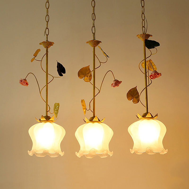 Green 3 Lights Down Lighting Pastoral Frosted Glass Cluster Flower Pendant with Lettuce Edge and Round/Linear Canopy Clearhalo 'Ceiling Lights' 'Chandeliers' 'Close To Ceiling Lights' 'Glass shade' 'Glass' 'Pendant Lights' 'Pendants' Lighting' 882067