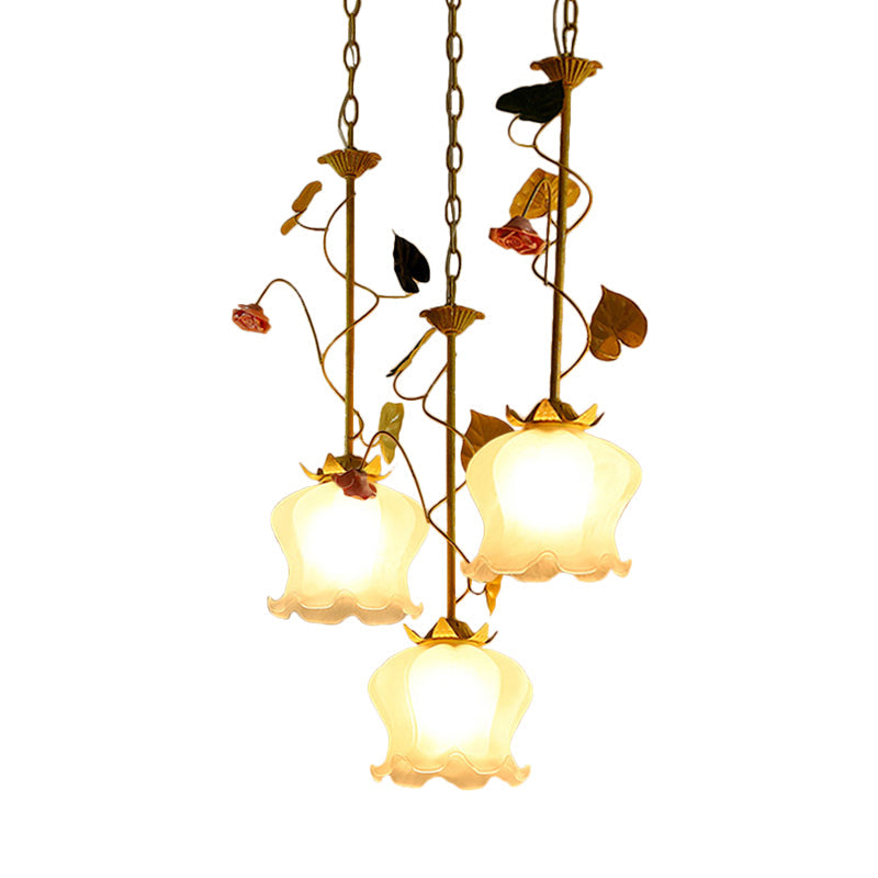 Green 3 Lights Down Lighting Pastoral Frosted Glass Cluster Flower Pendant with Lettuce Edge and Round/Linear Canopy Clearhalo 'Ceiling Lights' 'Chandeliers' 'Close To Ceiling Lights' 'Glass shade' 'Glass' 'Pendant Lights' 'Pendants' Lighting' 882072