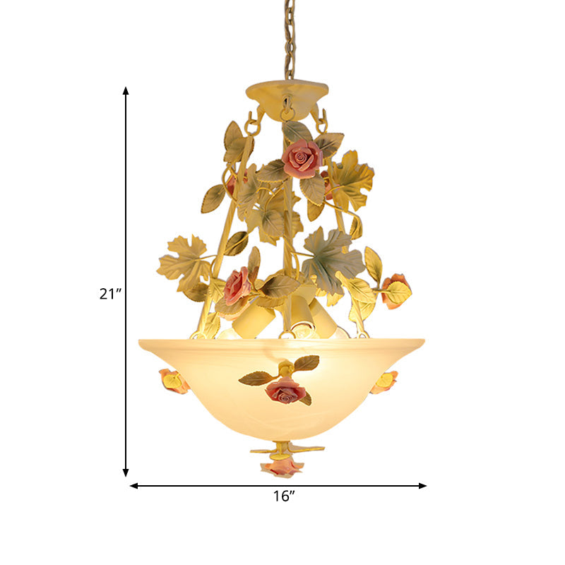 3-Light Inverted Hat Shade Chandelier American Flower Green Opaline Glass Ceiling Pendant Lamp Clearhalo 'Ceiling Lights' 'Chandeliers' 'Close To Ceiling Lights' 'Glass shade' 'Glass' Lighting' 882089