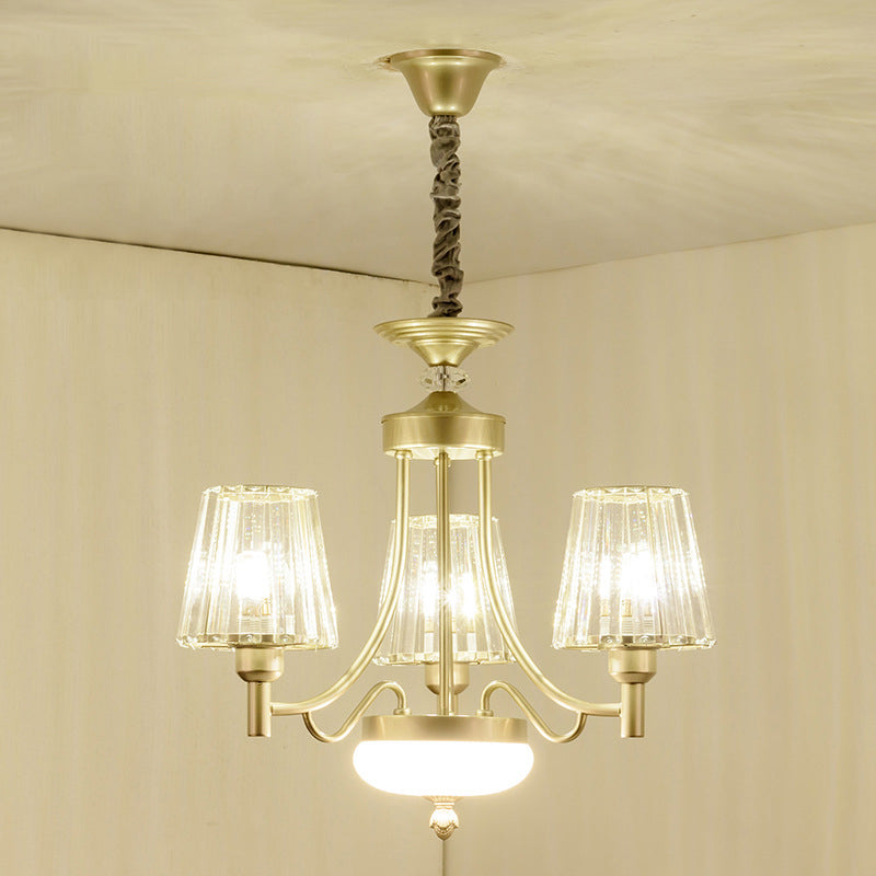 Minimalism Cone Pendant Light 3/6 Bulbs Clear Crystal Block Hanging Chandelier in Gold for Bedroom 3 Gold Clearhalo 'Ceiling Lights' 'Chandeliers' 'Modern Chandeliers' 'Modern' Lighting' 882205